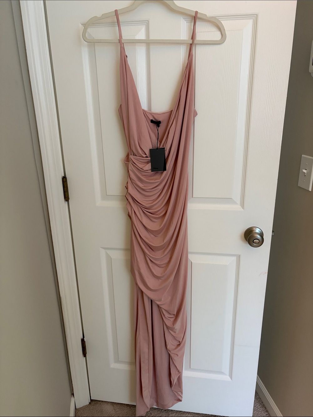 NBD Blush Pink Draped Maxi Dress with Spaghetti Straps